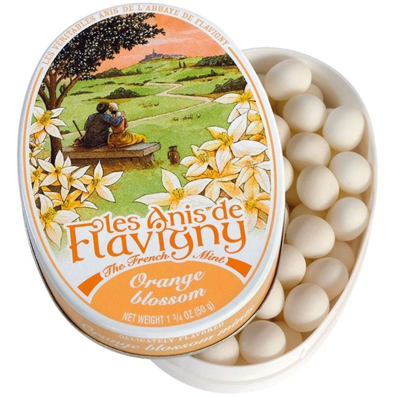 Les Anis de Flavigny Orange Blossom Flavored Hard Candy (1.75 oz / 50 g) Lid Off to Side