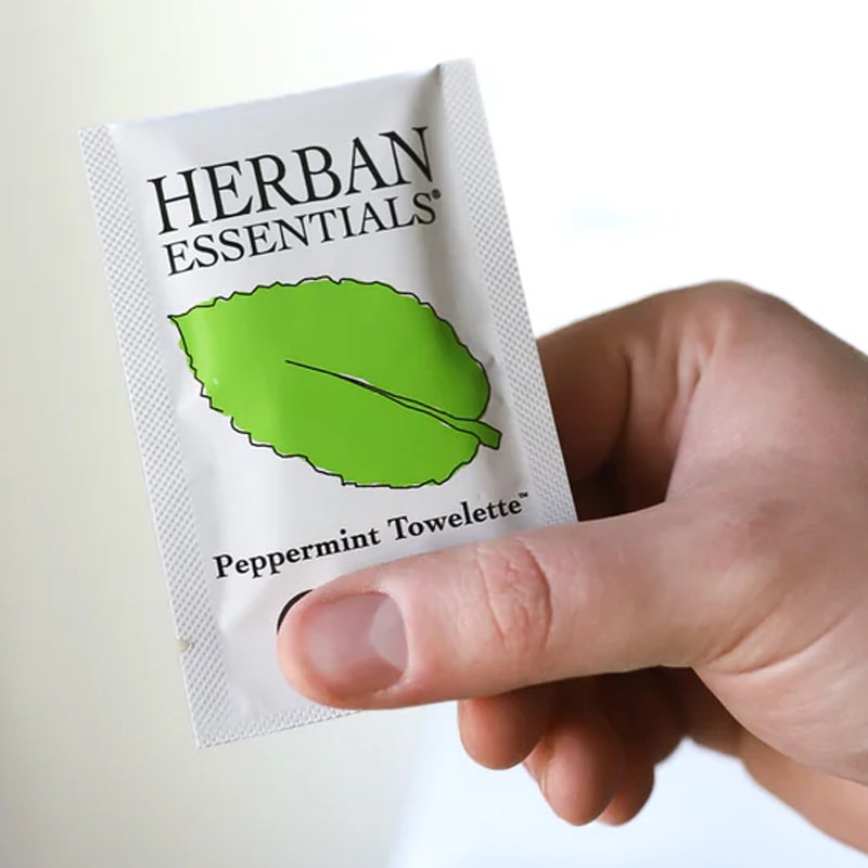 Model holding Herban Essentials Peppermint Towelette