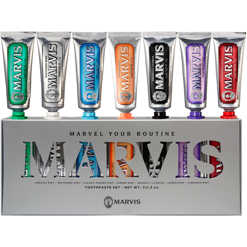 Marvis Flavor Collection Gift Set - Includes 25 ml each of: Amarelli Licorice, Aquatic Mint, Cinnamon Mint, Classic Strong Mint, Ginger Mint, Jasmine Mint and Whitening Mint shown with box