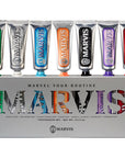 Marvis Flavor Collection Gift Set - Includes 25 ml each of: Amarelli Licorice, Aquatic Mint, Cinnamon Mint, Classic Strong Mint, Ginger Mint, Jasmine Mint and Whitening Mint shown with box