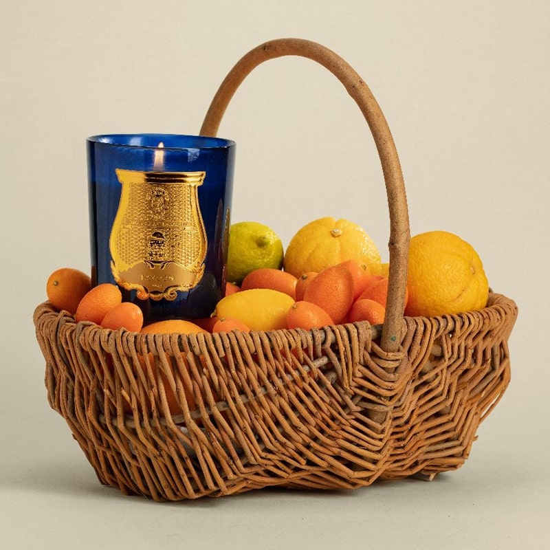 Lifestyle shot of Trudon Limited Edition Reggio Candle (9.5 oz) shown in wicker basket filled with lemons and various fruit