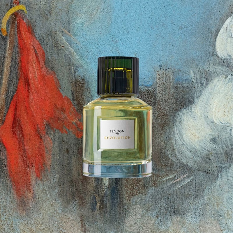 Image of Trudon Revolution Eau de Parfum (100 ml) with abstract illustration in the backround