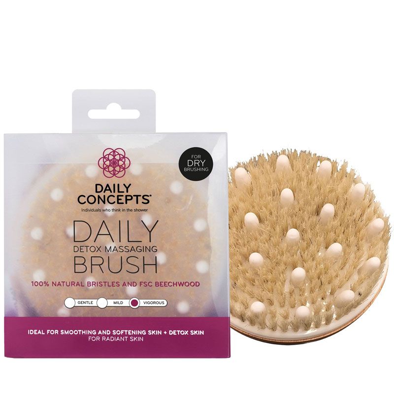 Daily Concepts Daily Detox Massaging Brush showing brush outside with packaging