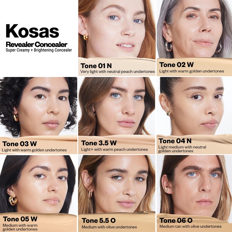 Kosas Cosmetics Revealer Concealer Super Creamy + Brightening Color Chart with colors on model faces