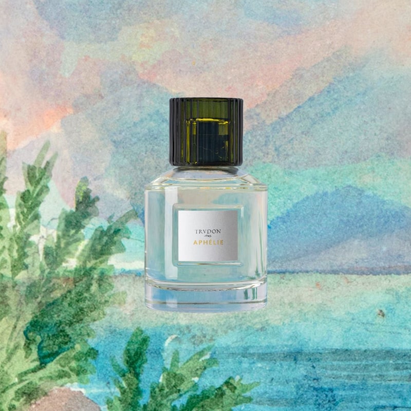 Image of Trudon Aphelie Eau de Parfum (100 ml) with illustration of lake, mountains and green foliage