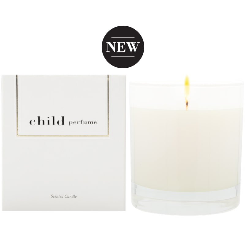 Child Perfume Scented Candle 8 oz shown lit