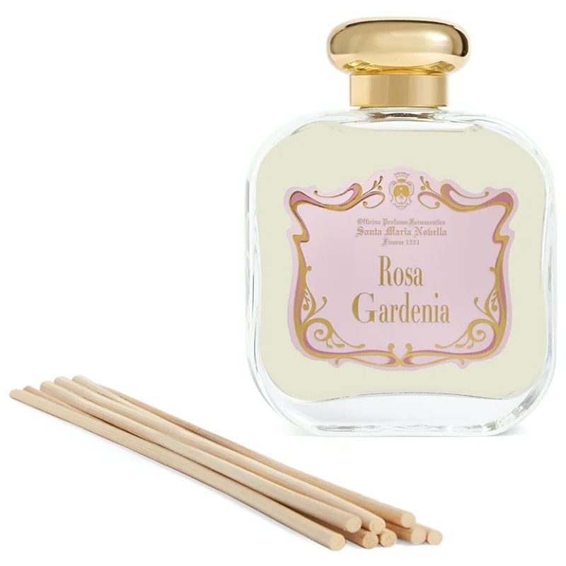 Santa Maria Novella Rosa Gardenia Room Fragrance Diffuser (250 ml) shown with diffuser sticks next to bottle