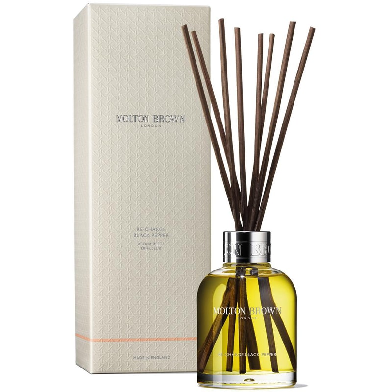 Molton Brown Re-Charge Black Pepper Aroma Reeds Diffuser - Product displayed next to box