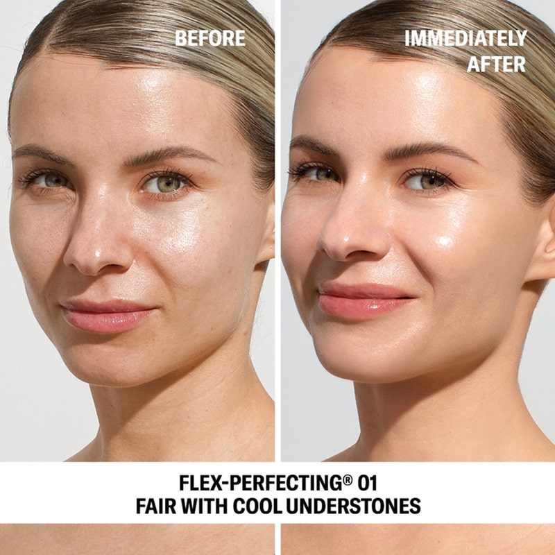 Before and after image of model with and without Odacite SPF 50 Flex-Perfecting™ Mineral Drops Tinted Sunscreen 01