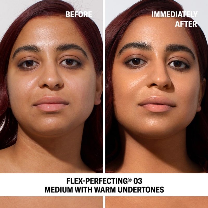 Before and after image of model with and without Odacite SPF 50 Flex-Perfecting™ Mineral Drops Tinted Sunscreen 03