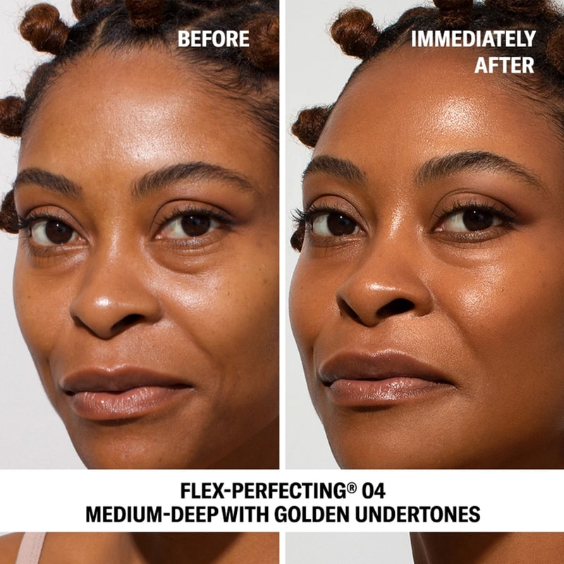 Before and after image of model with and without Odacite SPF 50 Flex-Perfecting™ Mineral Drops Tinted Sunscreen 04