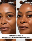 Before and after image of model with and without Odacite SPF 50 Flex-Perfecting™ Mineral Drops Tinted Sunscreen 04