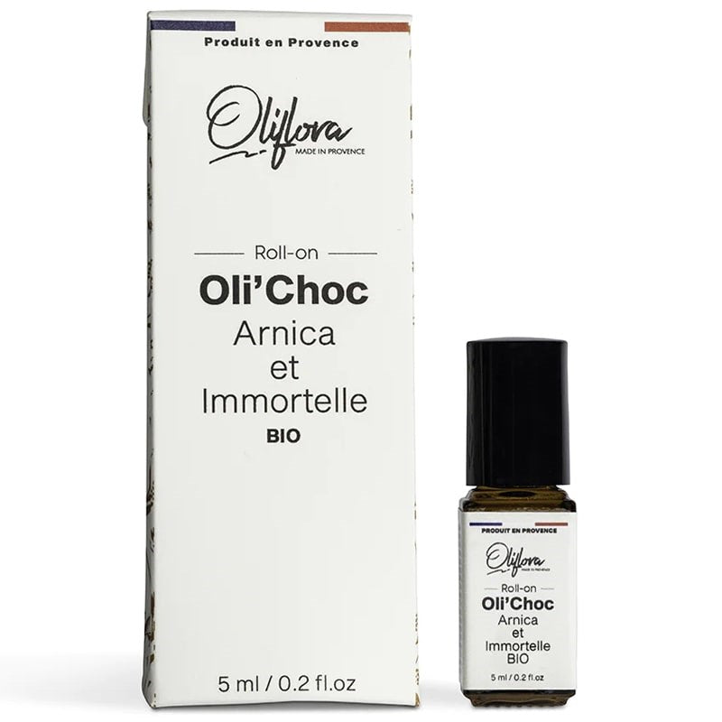Oliflora Oli'Choc Arnica and Immortelle Bio Roll-On - product shown next to packaging