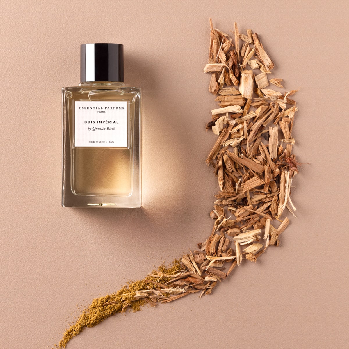 Essential Parfums Bois Imperial Perfume by Quentin Bisch with wood shavings