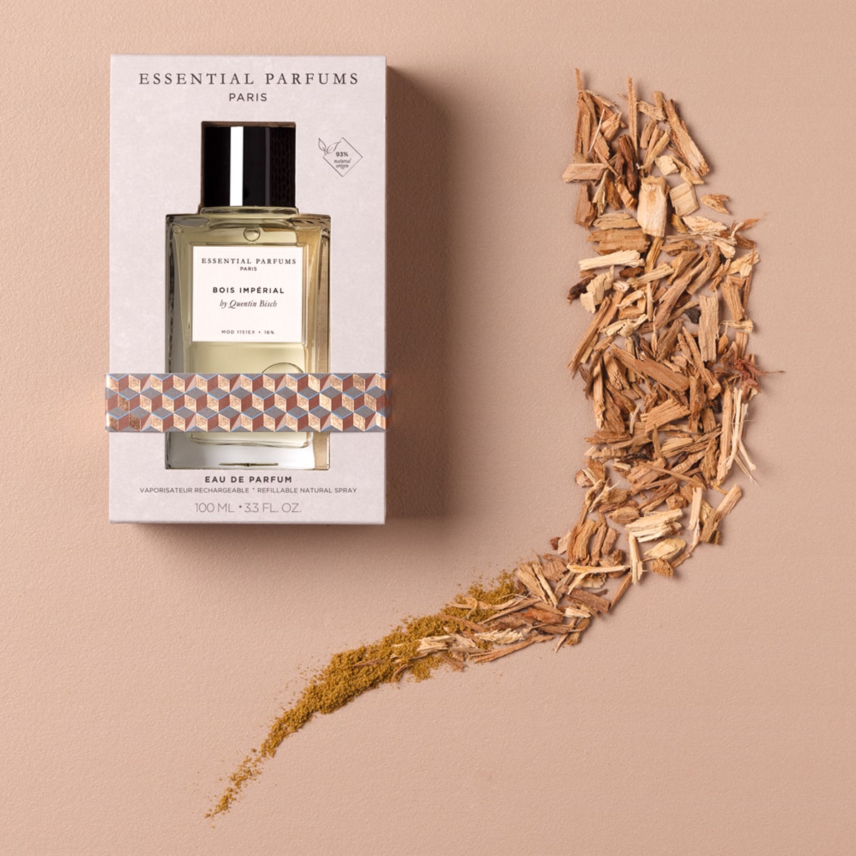 Essential Parfums Bois Imperial Perfume by Quentin Bisch shown in packaging with wood shavings