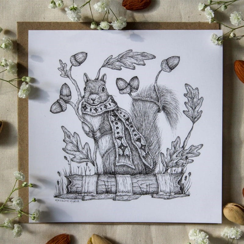 Mackenzie Myrick Studio Acorn Forager Greeting Card - product shown with plants and nuts