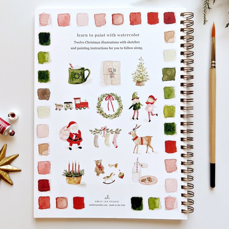 Back cover of Emily Lex Studio Christmas Watercolor Workbook (1 pc) showing all the illustrations to paint included in the workbook