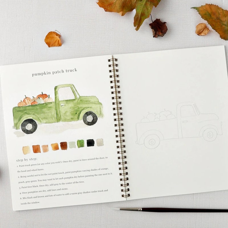 Emily Lex Studio Autumn Watercolor Workbook - open product showing interior illustrations