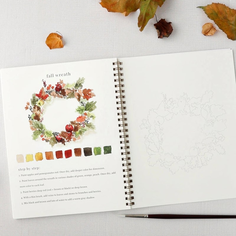 Emily Lex Studio Autumn Watercolor Workbook - open product showing interior illustrations