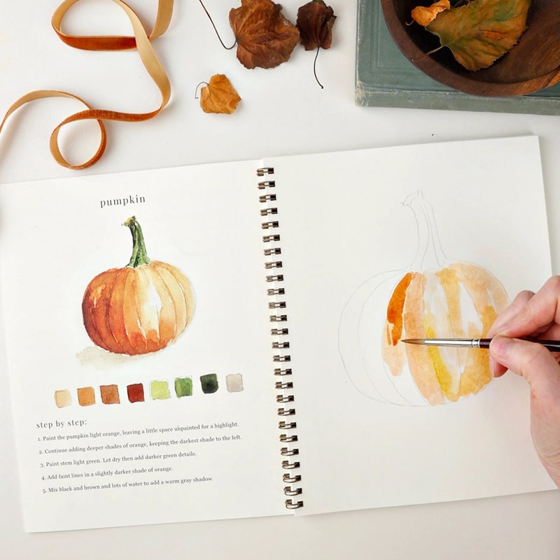 Emily Lex Studio Autumn Watercolor Workbook - open product showing interior illustrations