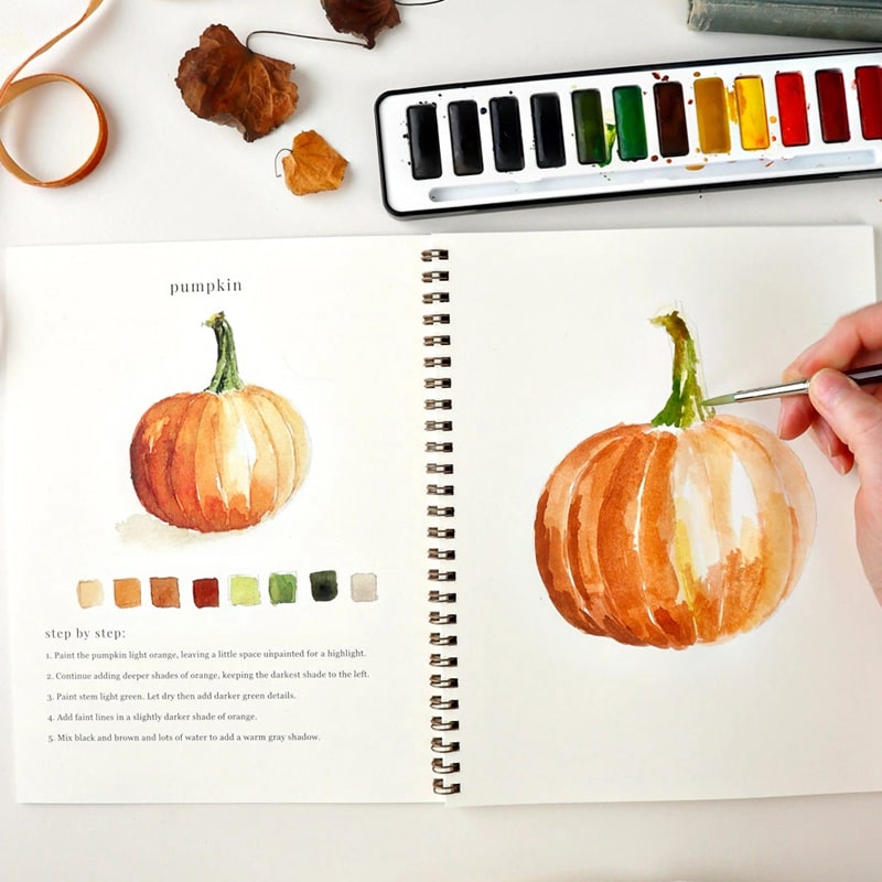 Emily Lex Studio Autumn Watercolor Workbook - open product showing interior illustrations and model painting