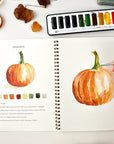 Emily Lex Studio Autumn Watercolor Workbook - open product showing interior illustrations and model painting