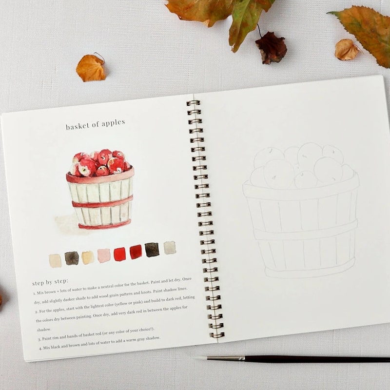 Emily Lex Studio Autumn Watercolor Workbook - opened product showing details and drawings