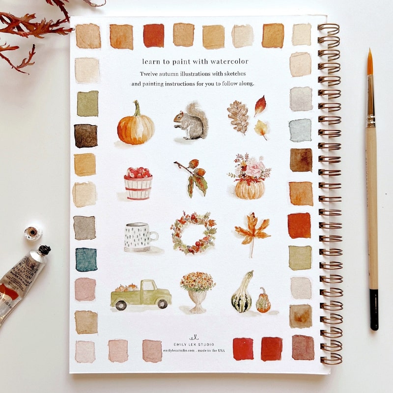 Back cover of Emily Lex Studio Autumn Watercolor Workbook (1 pc) showing illustrations to paint inside the workbook