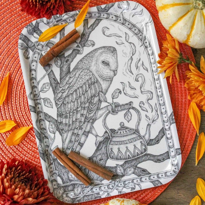 Mackenzie Myrick Studio Twilight Tea Owl Birch Tray - product shown with cinnamon sticks and leaves and pumpkin