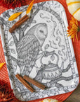 Mackenzie Myrick Studio Twilight Tea Owl Birch Tray - product shown with cinnamon sticks and leaves and pumpkin