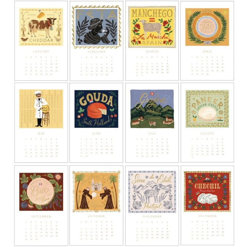 Rifle Paper Co. 2025 Cheese Kitchen Calendar - backside of calendar showing all month illustrations
