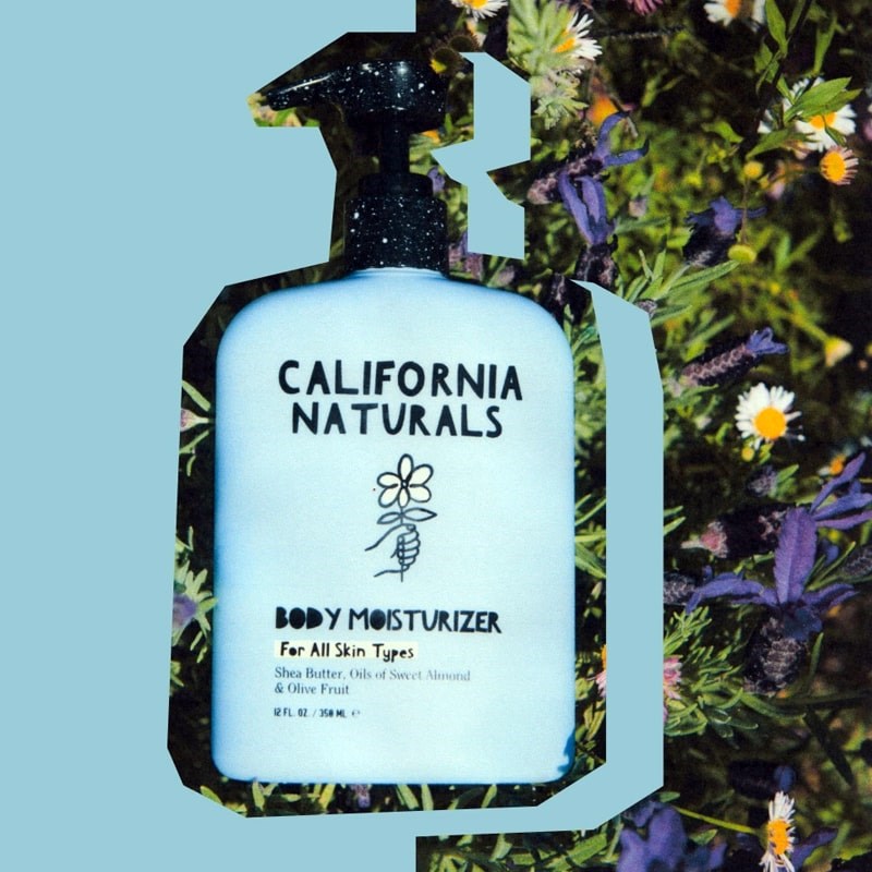 California Naturals Body Moisturizer - product shown in front of flowers and graphic blue background