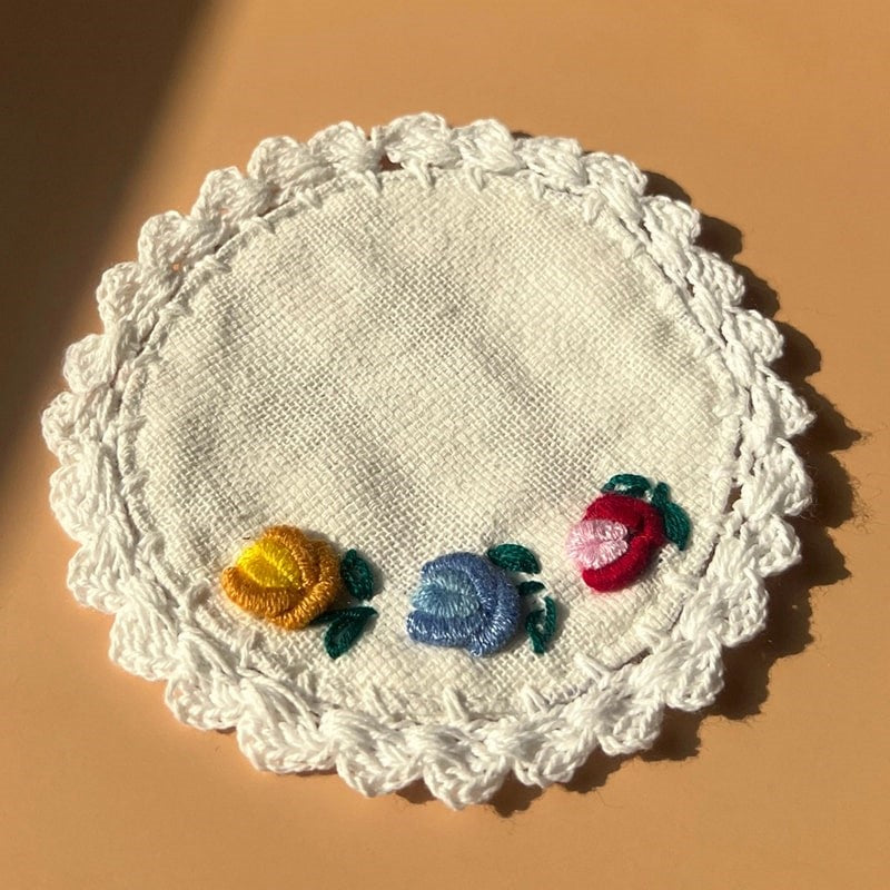 Seak Flower Embroidered Cotton Coasters Set - close up of single coaster