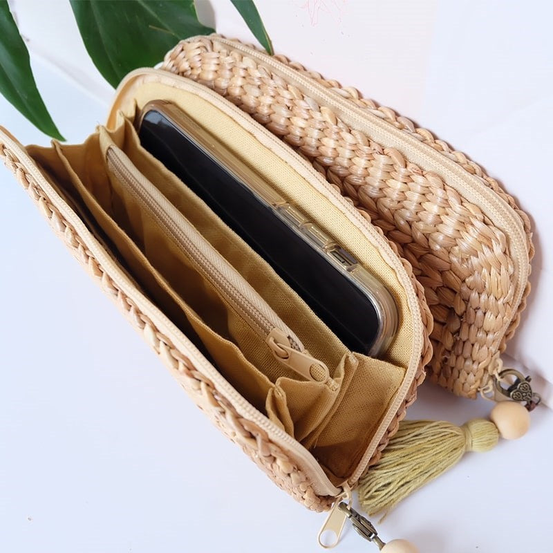 Seak Woven Clutch with Silk Tassel Key Chain - Yellow - product interior shown