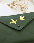 Barnabe Aime Le Cafe Hirondelle Leather Pouch - Green - close up of pouch details