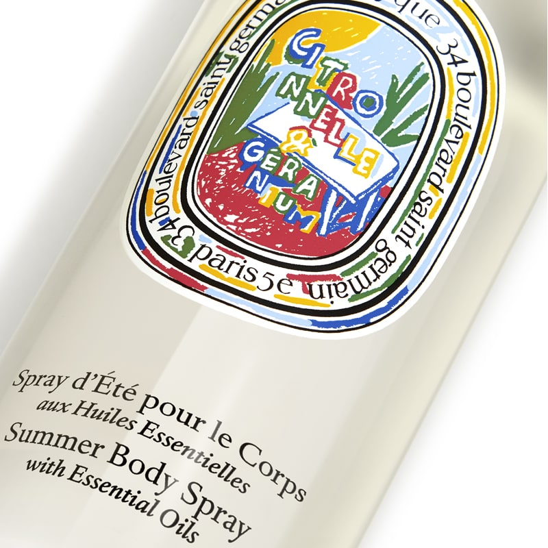 Diptyque Limited Edition Citronnelle and Geranium Summer Body Spray - close up of product label