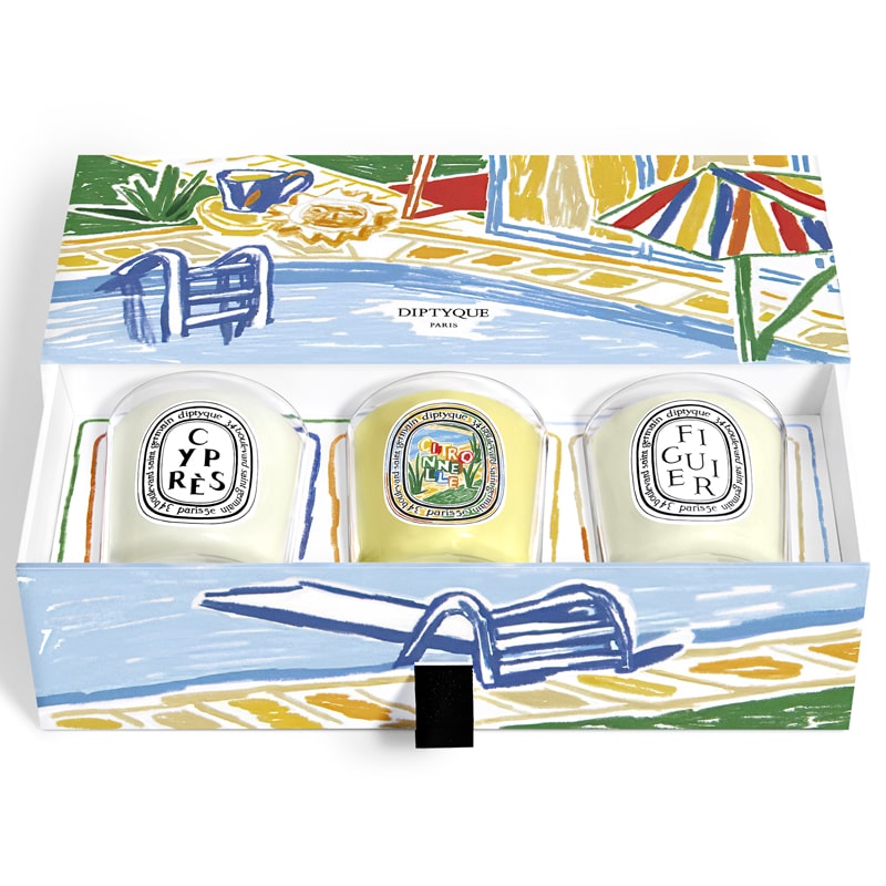 Diptyque Set of Three Summer Scented Candles - products shown inside box with open lid