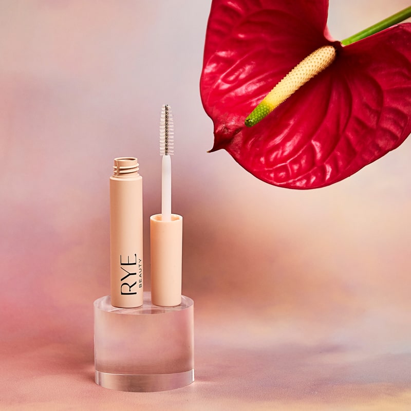 Lifestyle shot of Rye Beauty Brow Milk (6 ml) tube shown open with wand and red anthurium flower in the background