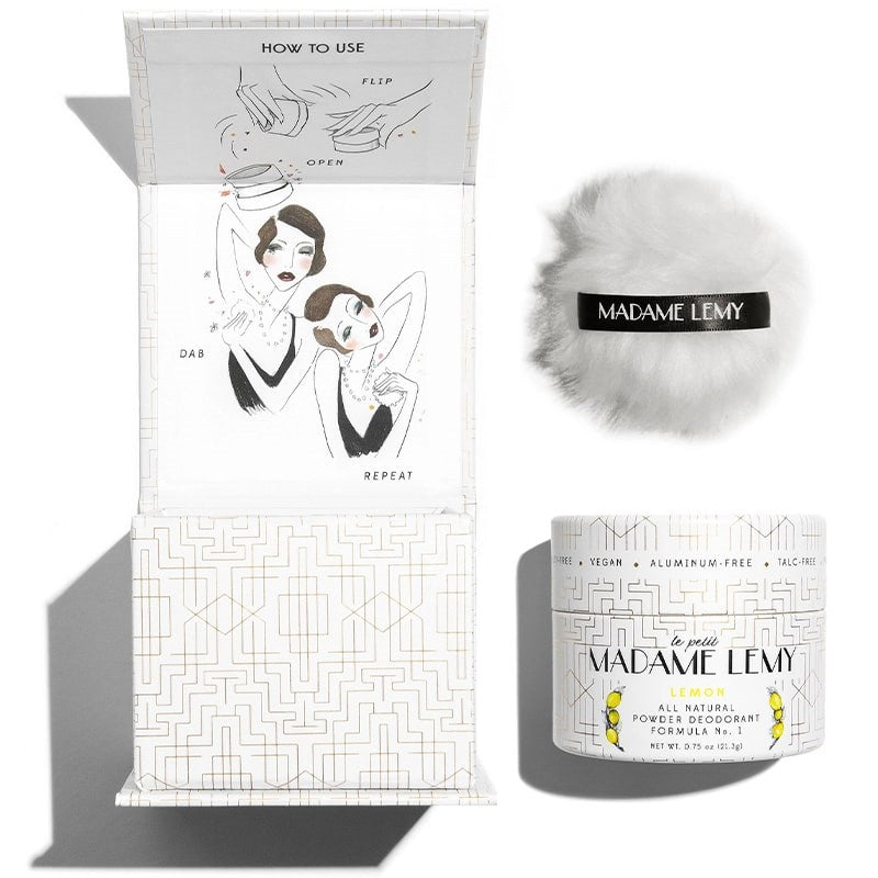 Madame Lemy Le Petit All Natural Powder Deodorant - Lemon - product shown with packaging and included puff