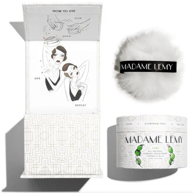 Madame Lemy All Natural Powder Deodorant - Lime - product shown with packaging and included puff