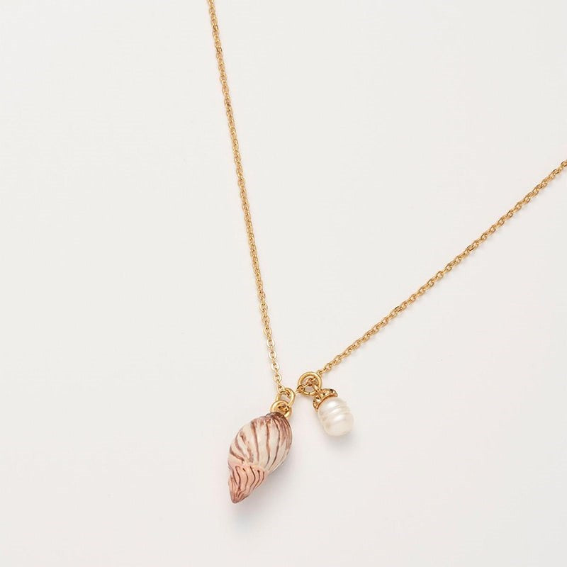 Fable England Spiral Shell and Pearl Short Necklace - close up of product detail