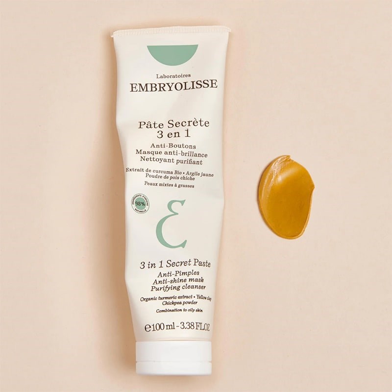 Embryolisse 3 In 1 Secret Paste - product shown next to yellow product texture swatch