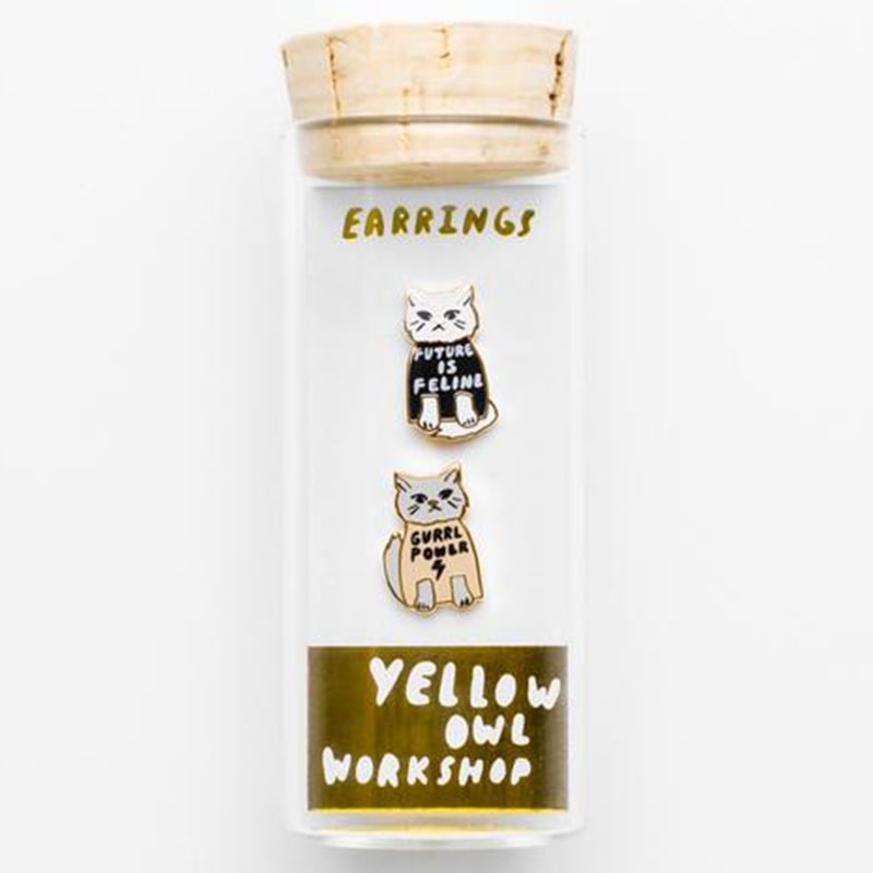 Yellow Owl Workshop Girl Power Earrings - Gold Cat Statement Studs - products shown inside glass tube packaging