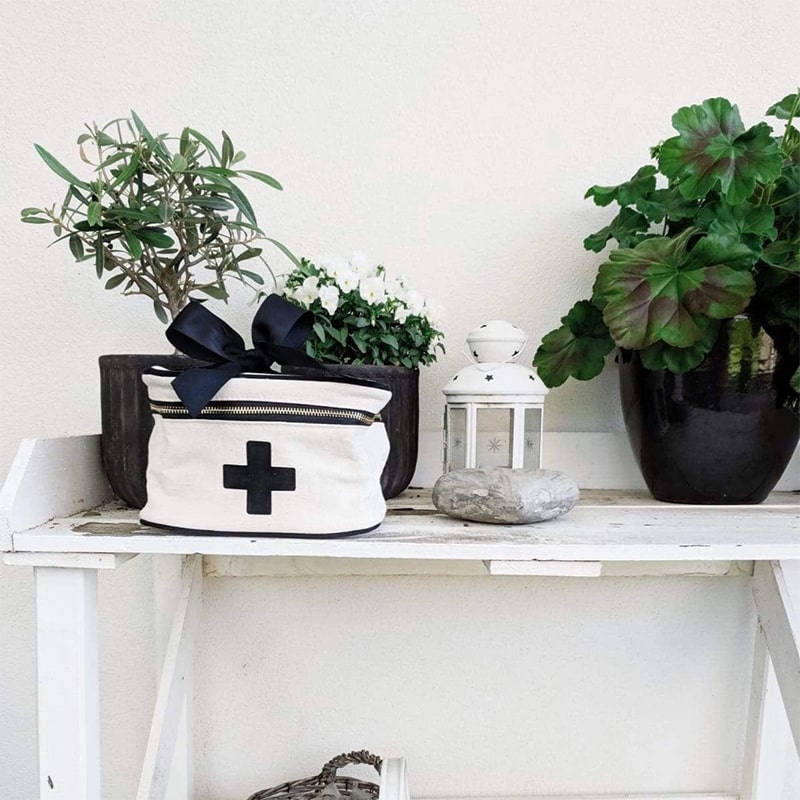 Bag-All Meds and First Aid Storage Box - Cream - product shown on table with plants and decor