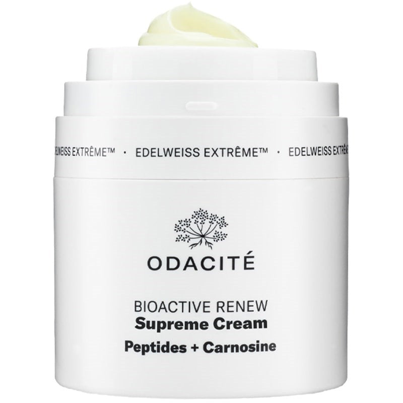 Odacite Edelweiss Extreme Bioactive Renew Supreme Cream (50 ml) open showing cream at the top of the pump jar