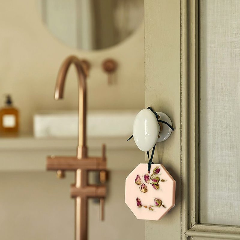 Carriere Freres Rose Mint Botanical Palet - product shown hanging from door knob in bathroom