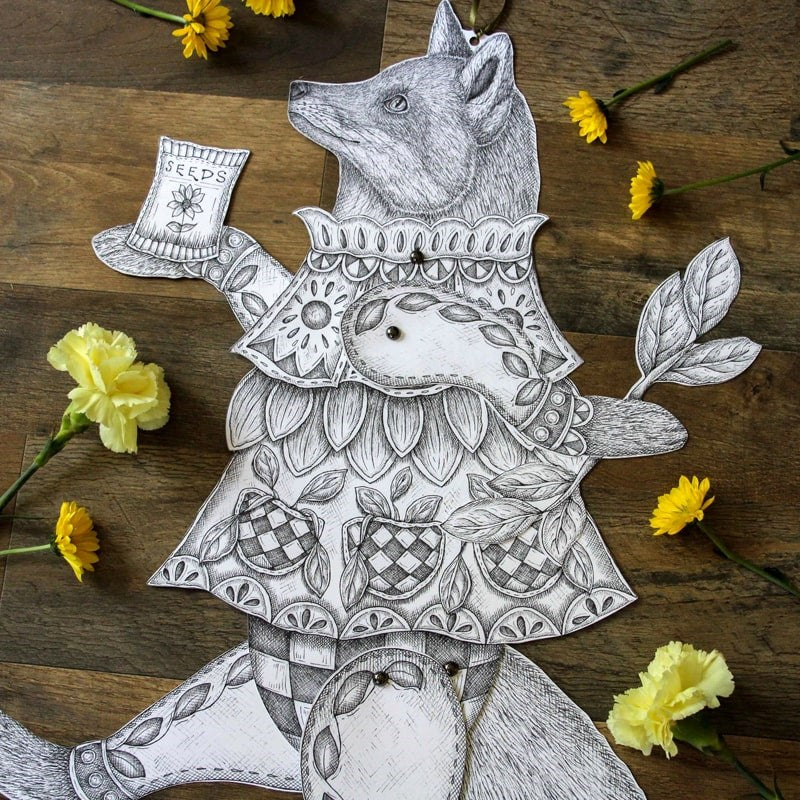 Mackenzie Myrick Studio The Gardener Articulated Fox Decoration - product shown on table with flowers