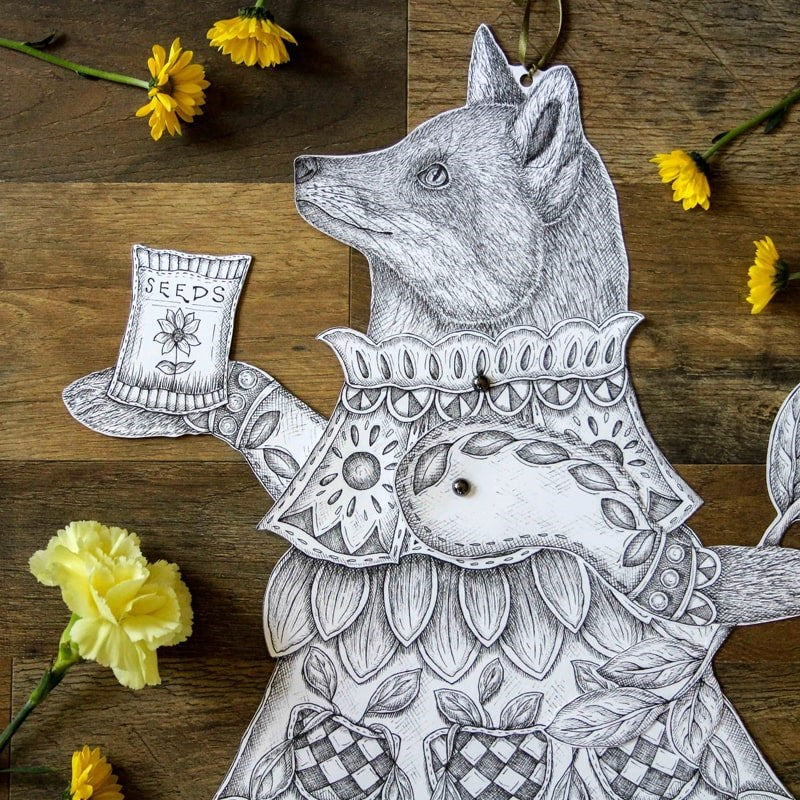 Mackenzie Myrick Studio The Gardener Articulated Fox Decoration - close up of product details