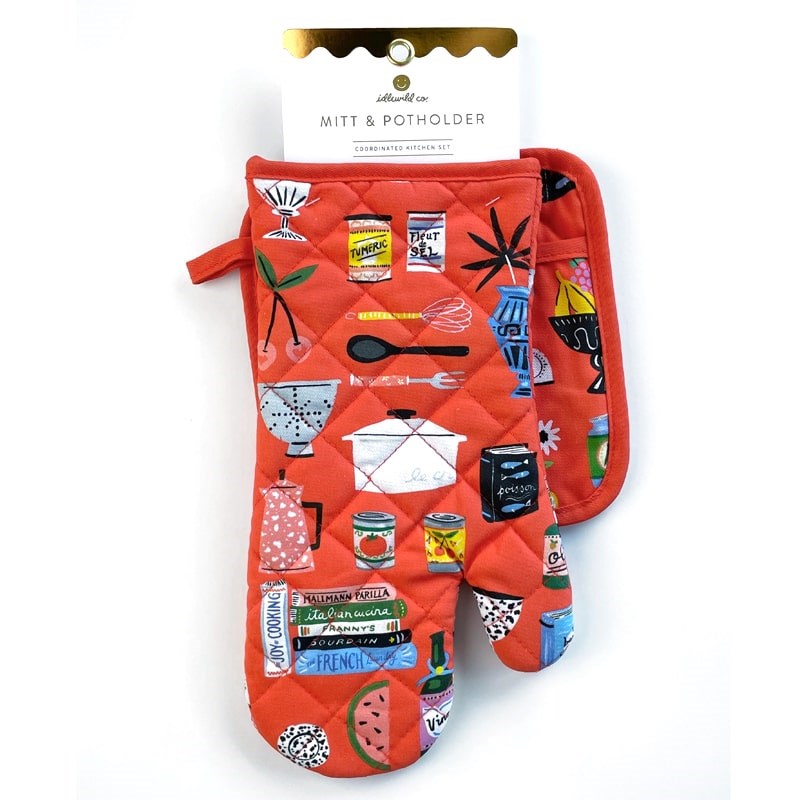 Idlewild Co Kitchen Shelf Oven Mitt + Pot Holder Set - products shown with packaging