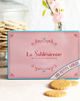 La Sablesienne "Authentic" Tin Box - Plain Butter And Caramel Chips Shortbread Cookies - products shown next to product packaging